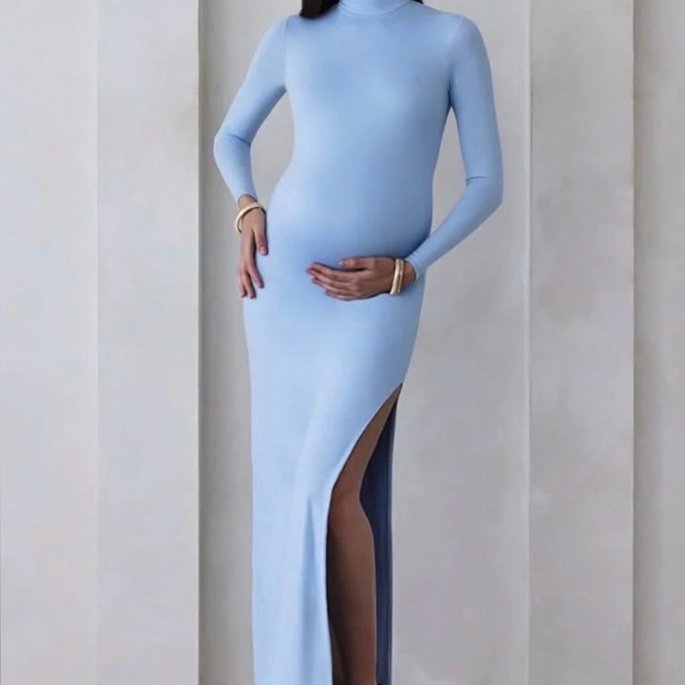 Maternity Long Sleeve Turtleneck Maxi Dress In Light Blue